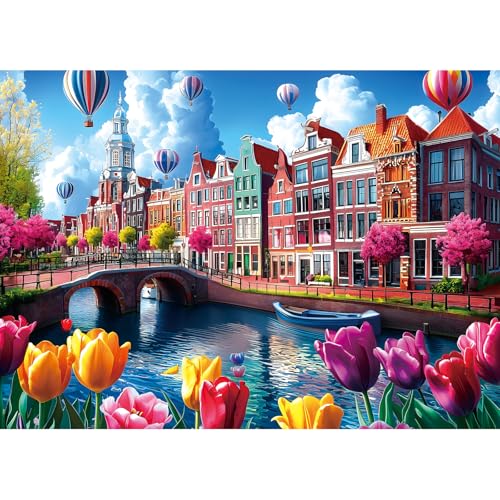 Puzzles for Adults 1000 Pieces, Amsterdam Canals-Tulip Flower | City Buildings Challenging Jigsaw Puzzles for Adults for Family Fun Challenging, Party Game Gifts Decoration, 27.5 x 19.7 in - color: Pink - Amsterdam Canals