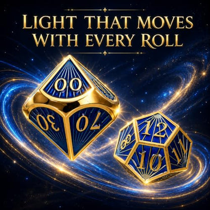 Radiant Array Metal DND Dice Set, 7-Piece RPG Dice | Solid zinc alloy dice with weighty feel, raised numbers, blue gold cosmic design, and a collector box for RPG play. - color: Blue