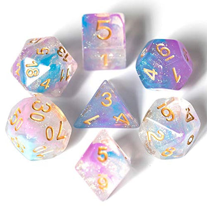 UDIXI Resin Glitter DND Dice Set Swirls RPG Polyhedral Dice Set for D&D | Purple & Blue Colors, Gold Number, Velvet Dice Bag Packaging, for Dungeons and Dragons Role Playing Games and Tabletop Games - color: A-purple Blue