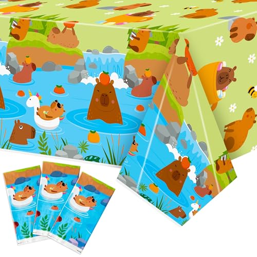 Capy Party Tablecloths - 3Pcs Capy Birthday Party Table Cover Decorations, Cute Animals Themed Rectangular Plastic Disposable Table Cloth for Kids Birthday Baby Shower Animals Theme Events - color: Capy