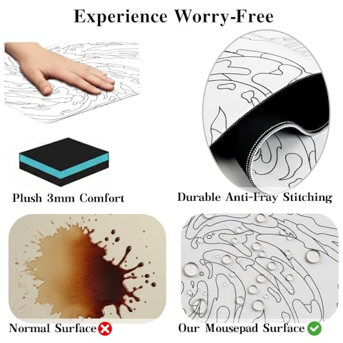 Gaming Mouse Pad L (31.5x11.8in) - Abstract White Line Art Waves, Japanese Doodle Style - Desk Mat, Water Resistant Surface - color: White Ink Waves, size: 11.8x31.5''