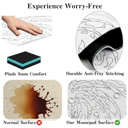 Gaming Mouse Pad L (31.5x11.8in) - Abstract White Line Art Waves, Japanese Doodle Style - Desk Mat, Water Resistant Surface - color: White Ink Waves, size: 11.8x31.5''