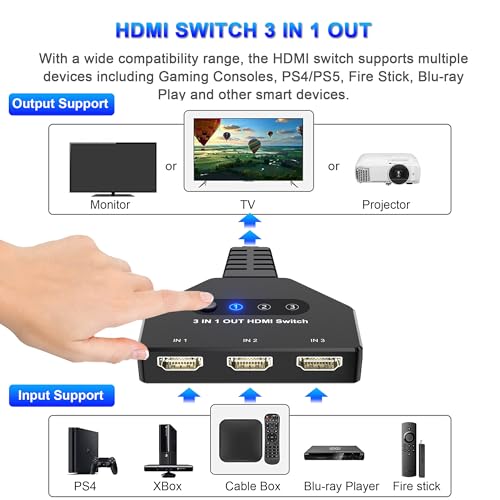 HDMI Switch 3 in 1 Out, 4K@30hz HDMI Splitter, 3 Ports HDMI Switcher Supports Full HD 1080P 3D Compatible with Roku Fire TV Stick HDTV PS4/PS5 Xbox One Chromecast, Compatible with Mac/Win/Linux