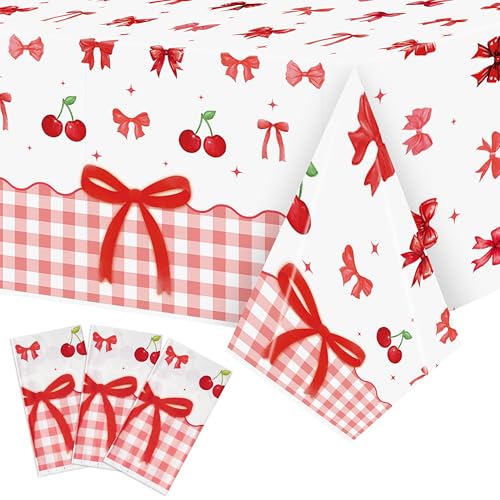 3Pcs Bow Party Tablecloths - Red Cherry Party Table Covers Decorations Bow Themed Rectangular Plastic Disposable Table Cloth Decor for Girls Women Kids Birthday Baby Shower Supplies - color: Red Bow