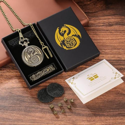 Mini DND Dice Set Steampunk Dragon Pocket Watch Shell Case, 7pcs Polyhedral Metal D&D Dice Set, DND Gifts with Gift Box for Men Women, Role Playing Board Games Accessories, Bronze - color: Bronze