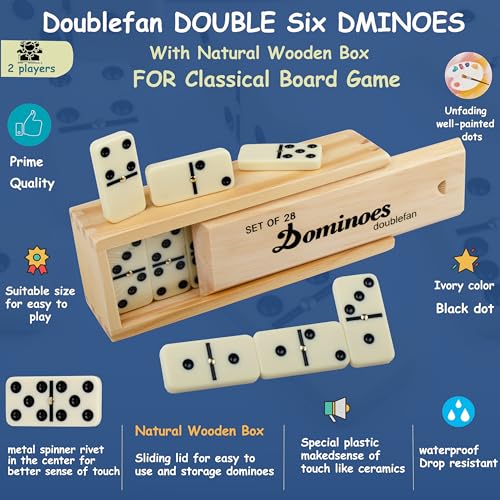 Doublefan Dominoes for Adults, Double 6 Domino Set 28 Tiles in Wood Case | Portable Travel wood case,28 Domino tiles, metal spinners, , for 2-4 players,family game, board game, Parent Gift choice - style: Standard