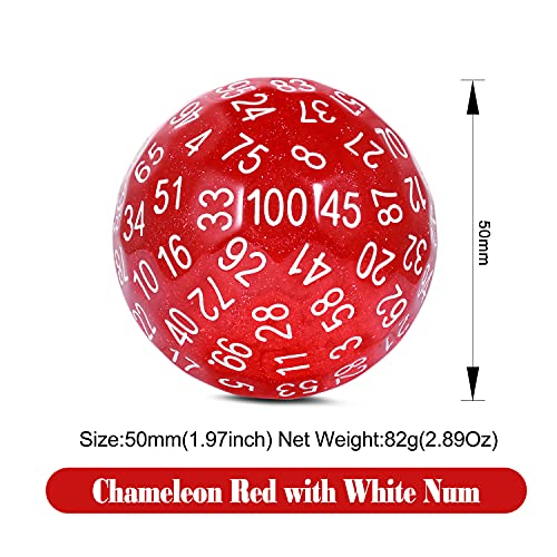 DNDND Glitter Red Single D100 100 Sided Dice with Velvet Pouch (Glitter Red with White Number) - color: Glitter Red