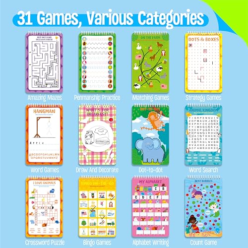 SpriteGru 31 Dry Erase Activities Book, Reusable & Erasable Game Pad, Explore and Find, Maze Matching TIC-TAC-Toe Dot to Dot Educational On the Go Toy and Learning Tool for Road Trip Airplane Travel - style: Comprehensive Games
