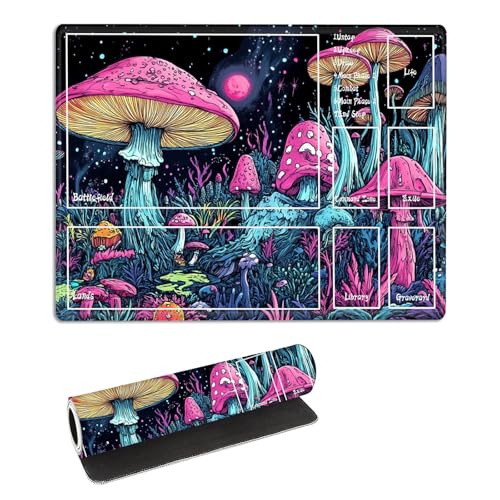 for MTG Playmat with Zones Storage Bag, for TCG Playmat and Playing Card Mat for Magic Board Games, Colorful Mushroom Non-Slip Stitched Edges Game Mat, Rollable Foldable Card Play mats - color: Colorful Mushroom, size: With Zone 17.32''x13.78''