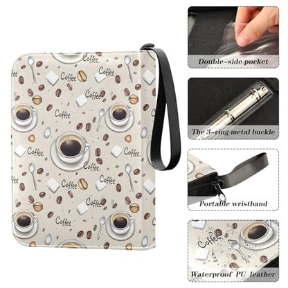 Trading Card Binder 4 Pocket Coffee Beans Coffee Cups Card Albums with 50 Removable Sleeves Fits 400 Game Cards Holder PU Zipper Collection Case