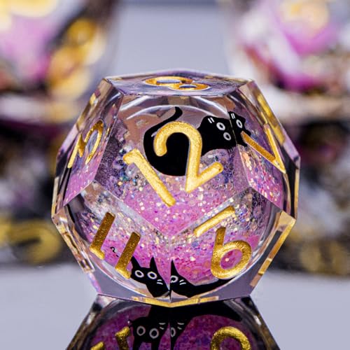 DND Cat Dice Set Pink Sharp Edge Dice with Box, RPG D and D Dice Dungeons Dragons Role Playing Game Polyhedral Resin Dice Set D20 D12 D10 D8 D6 D4 - color: Pink Gold