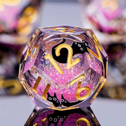 DND Cat Dice Set Pink Sharp Edge Dice with Box, RPG D and D Dice Dungeons Dragons Role Playing Game Polyhedral Resin Dice Set D20 D12 D10 D8 D6 D4 - color: Pink Gold