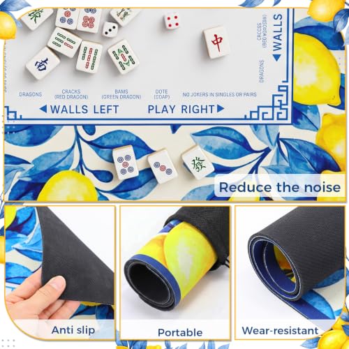 Blue and Yellow Summer Mahjong Mat with Rules 31.5" x 31.5" Non-Slip Noise Reduction Gaming Mat with Carrying Bag American Mahjong Table Cover for Poker Board Card Games Dominoes - style: Blue Willow Lemon