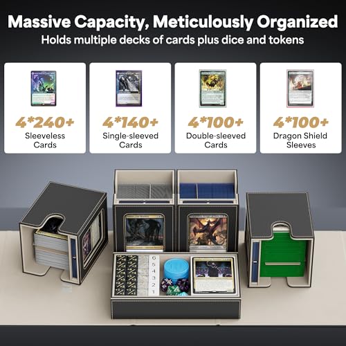 Kabinka Commander Deck Box for MTG with Handle, Multi Deck Case | with Large Dice Tray Fits 400+ Double-Sleeved Cards, 5 IN 1 TCG Card Storage Box, 35PT Card Holders (Black Gold) - color: Black Gold