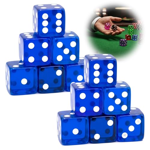 12 Piece 19 mm Casino Style Dice Set, Acrylic Translucent D6 Dice with Square Rounded Edge, Blue for Craps, Table Games, Board Games, RPG, MTG, DND(Blue) - color: Blue