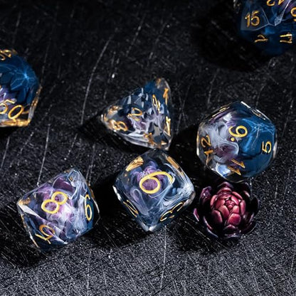 7PCS DND Dice Set,Transparent Sharp Edge Dice Set D&D RPG Polyhedral Die,for Dungeons and Dragons TTRPG Games Roleplaying Games,with Gift Box(Purple Blue Lotus) - color: Lotus Purple Black