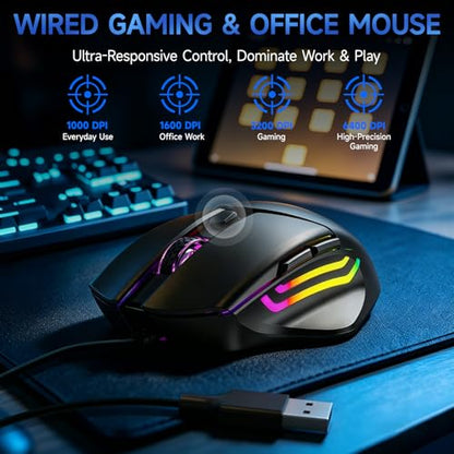 Wired RGB Keyboard and Mouse Combo, Rainbow Backlit, 104-Key Full-Size with Numpad, 6400 DPI Ergonomic High-Precision Mouse, USB Plug & Play, for PC Laptop Mac Office Gaming (Black)