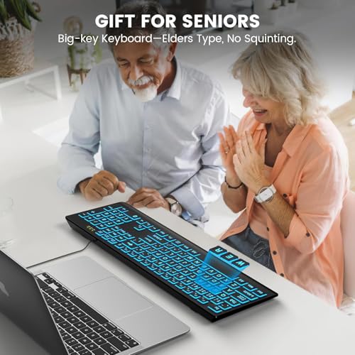 SABLUTE K11PRO Large Print Backlit Keyboard, 3X Larger Font Wired USB Lighted Computer Keyboard with 7-Color LED Illuminated Keys, Desktop Workstation Keyboard Compatible for PC Laptop Windows - color: Classic Black