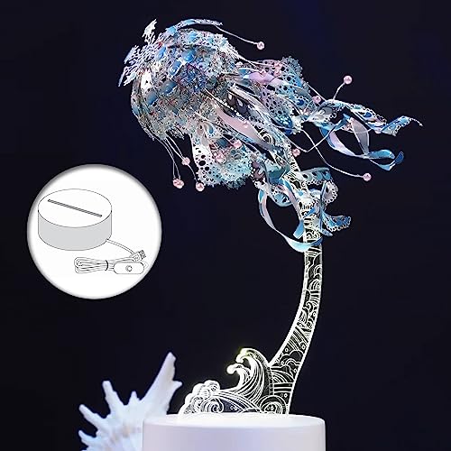 Piececool 3D Puzzles for Adults, Jellyfish Night Light with USB Plug, Ocean Animals 3D Metal Model Building Kits, Hobbies DIY Assembling Arts and Crafts - color: Blue