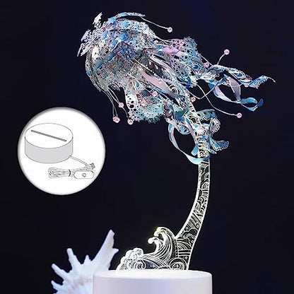 Piececool 3D Puzzles for Adults, Jellyfish Night Light with USB Plug, Ocean Animals 3D Metal Model Building Kits, Hobbies DIY Assembling Arts and Crafts - color: Blue