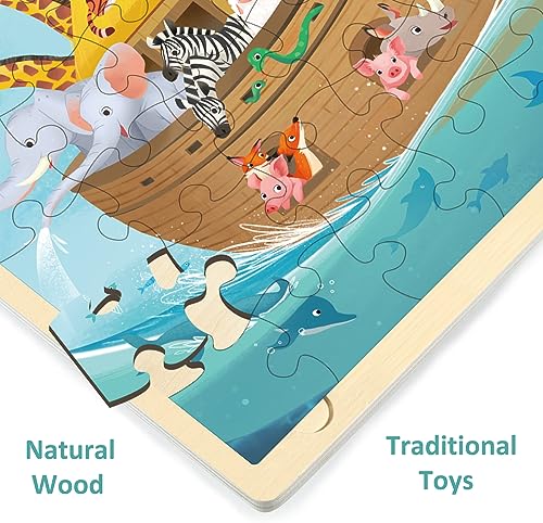 Wooden Noah's Ark Puzzle for Kids Ages 3-5, 48 Piece | Puzzles for Kids Ages 4-8 with Tray, Religious Scene Christian Bible Wooden Jigsaw Puzzle for 3 4 5 6 7 8 Year Old - style: 48 Piece