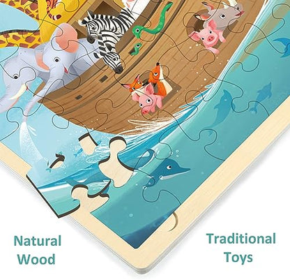 Wooden Noah's Ark Puzzle for Kids Ages 3-5, 48 Piece | Puzzles for Kids Ages 4-8 with Tray, Religious Scene Christian Bible Wooden Jigsaw Puzzle for 3 4 5 6 7 8 Year Old - style: 48 Piece
