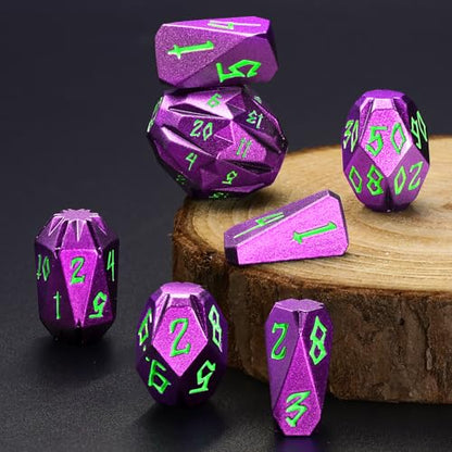 FONVGOGO DND Dice Set Metal - 7 Pcs Unique Cool Polyhedral D and D Dice with Cardboard Box for Dungeon and Dragons, RPG, Tabletop, Role Playing Games (Purple Green) - color: S Purple Green