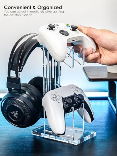 OAPRIRE Headset and Controller Stand, Space-Saving 2 Tier Game Controller Holder, Acrylic Controller and Headset Stand for Desktop, Universal Design Compatible with PS5/PS4/Xbox/Switch (Crystal Clear) - color: Clear, size: 2 Tier-without lights