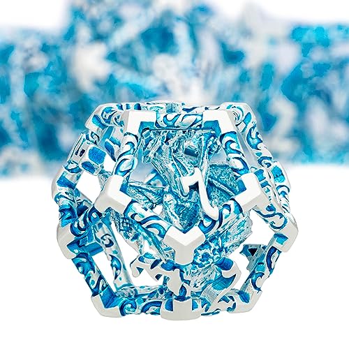 ARUOHHA Hollow DND Dice Set Silver Blue 5-Headed Dragons D and D Dice with Gift Box, Role Playing Games 7PCS Metal Dungeons Polyhedral Dice RPG Dice Set D20 D12 D10 D8 D6 D4 - color: Silver Blue-02
