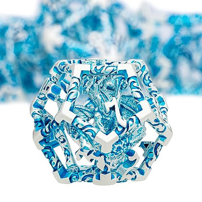 ARUOHHA Hollow DND Dice Set Silver Blue 5-Headed Dragons D and D Dice with Gift Box, Role Playing Games 7PCS Metal Dungeons Polyhedral Dice RPG Dice Set D20 D12 D10 D8 D6 D4 - color: Silver Blue-02