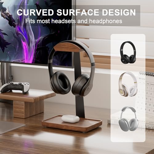 Wooden Headphone Stand, Wood Headset Stand for Desk, Universal Headphone Holder with Storage Base for Gaming, Sony,Bose