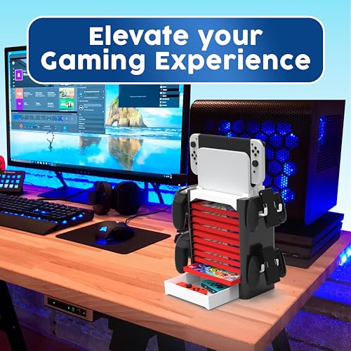 NS Compatible Nintendo Switch Games Holder, Nintendo Switch Stand - White | Holds up to 10 Game Case & 4 controllers Game Disk Rack, Switch Holder Stand for Gamers, Nintendo Switch Accessories - color: White