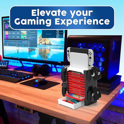 NS Compatible Nintendo Switch Games Holder, Nintendo Switch Stand - White | Holds up to 10 Game Case & 4 controllers Game Disk Rack, Switch Holder Stand for Gamers, Nintendo Switch Accessories - color: White