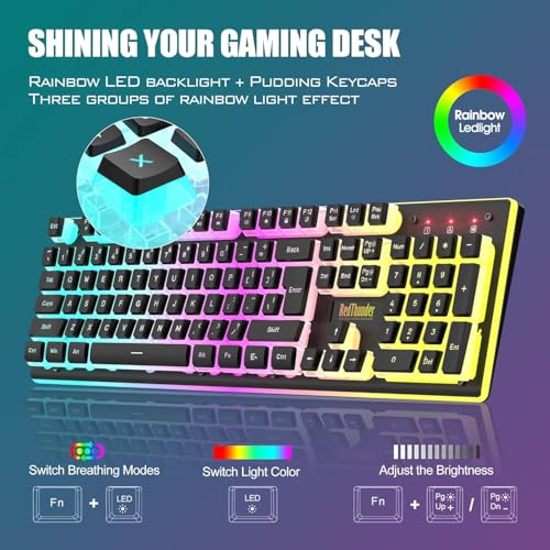 RedThunder K10 Wireless Gaming Keyboard and Mouse Combo, RGB Backlit Rechargeable 3800mAh Battery, Mechanical Feel Anti-ghosting Keyboard with Pudding Keycaps + 7D 3200DPI Mice for PC Gamer (Black) - color: Black Pudding