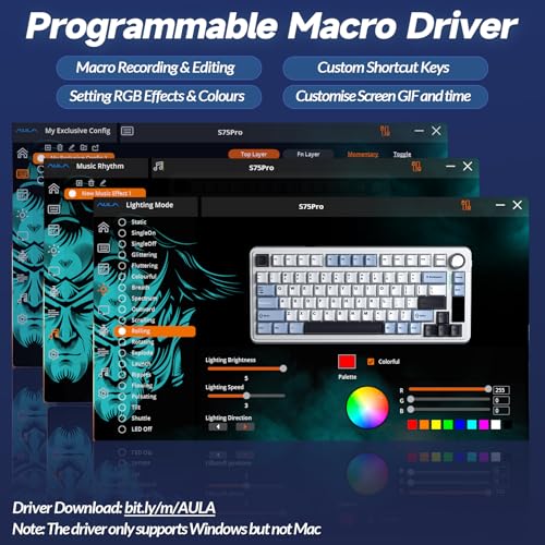 AULA S75 PRO Wireless Mechanical Keyboard with Screen&Knob, Tri-Mode Hot Swappable Gaming Keyboard 75%, Pre-lubed Switches, RGB Backlit, Side Printed PBT Keycaps, Creamy Sounding Computer Keyboards - color: Gradient Black