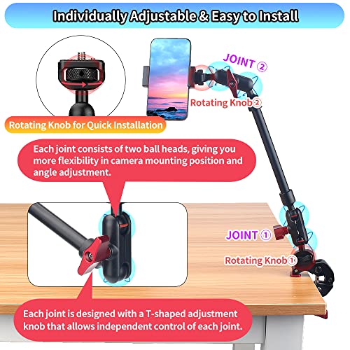 13"/34cm Magic Arm w Clamp, Camera Mount & Clamp w 1/4" 3/8" Threads and Articulating Friction Magic Arm, Overhead Phone Mount, Camera Boom Arm Mount for Light Webcam Mic Action Camera Monitor - size: 13IN-RB