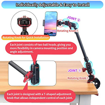 13"/34cm Magic Arm w Clamp, Camera Mount & Clamp w 1/4" 3/8" Threads and Articulating Friction Magic Arm, Overhead Phone Mount, Camera Boom Arm Mount for Light Webcam Mic Action Camera Monitor - size: 13IN-RB