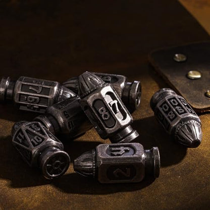 UDIXI Metal DND Bullet Dice Set, 7PCS D&D Bullet Polyhedral Dice Set Nickel | Cool Design, Magazines Container and PU Leather Bag, for Dungeons and Dragons Role Playing Games and Tabletop Games RPG - color: Silver