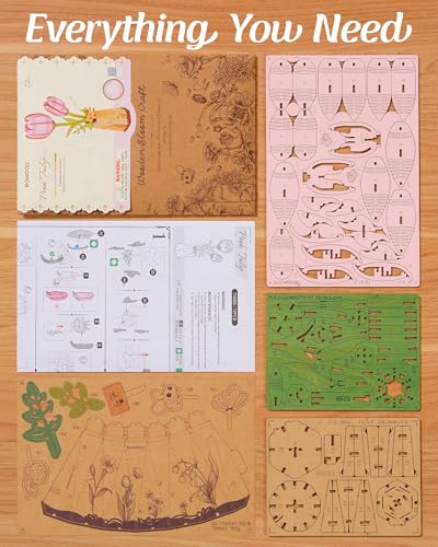 rowood Wooden Flower,3D Puzzles for Adults,Artifical Flower Botanical Collection Building Kit,Mother's Day/Valentine's Day Pink Tulip - style: Pink Tulip