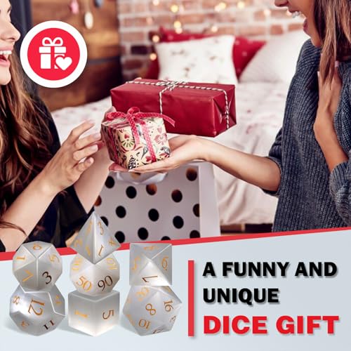 LUCKY-M Cat Eye Gemstone Dice DND Set, 7PCS Natural Handmade Dice for Dungeons and Dragons, D&D Accessories Men Gift (White) - color: Cat Eye- White