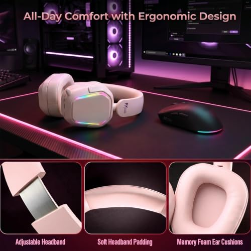 RK ROYAL KLUDGE HG101 V2 Wireless Gaming Headset, 2.4G/Bluetooth 6.0/3.5mm Wired Headphones, 7.1 Surround Sound, 40mm Drivers, Memory Foam Cushions, Works with Xbox, PS4/5, PC, Switch, Pink - color: Pink