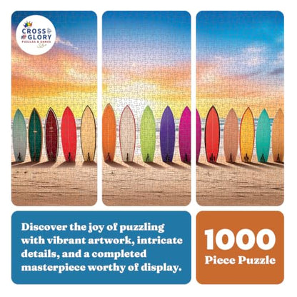Cross & Glory | 1000 Piece Jigsaw Puzzles for Adults | Sunrise Surf | Vibrant Beach Scene Artwork | 2mm Thick Pieces | Bonus Reference Poster | Satin Finish | Ages 14+ - color: Sunrise Surf