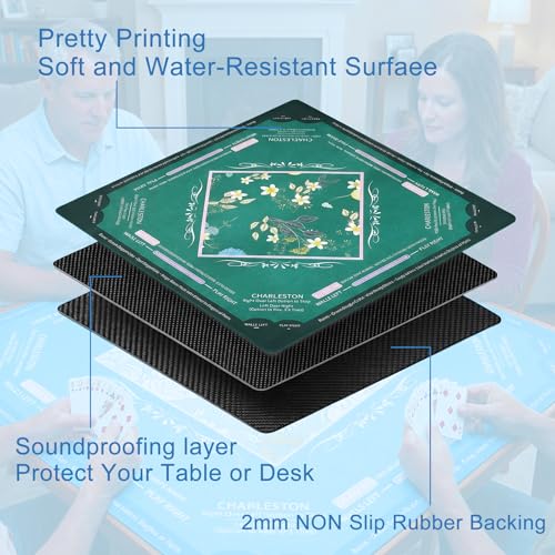 Mahjong Mat with Rules Velvet Bag No Creases Roll Shipped | 32.6"x32.6" Larger Non Slip Noise Reduction Mahjong Mat for Table with Game Mat for Mahjong Lover Player - color: Conifer