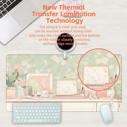Desk Pad, Kawaii Anime Style Desk Mat, Green Cute Desktop Large Gaming Mouse Pad for Desk, 31.5"x15.7" Extended Big Computer Keyboard Mouse Pad with Non-Slip Base and Stitched Edge - color: Kawaii Anime Style