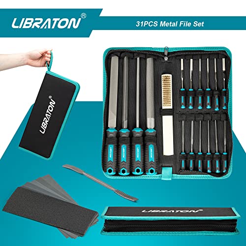 LIBRATON 31PCS Metal File Set, Metal Files, 12 Needle Files | For Metal, Steel, Wood, Metalworking, Woodworking, Hobby & Crafts, with Riffler File, 12 Sandpapers, Steel Brush, Carry Case - style: Metal File-31PCS