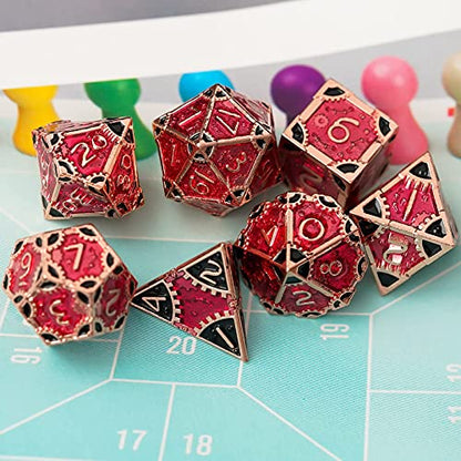 UDIXI Metal DND Dice Set 7PCS Polyhedral D&D Dice Set for Role Playing Game | 7PCS, Red, Steampunk Gear Carved, Solid Metal, Metal Gift Box, DM Gift, for Dungeons and Dragons RPG Tabletop Games - color: Gear-red Copper