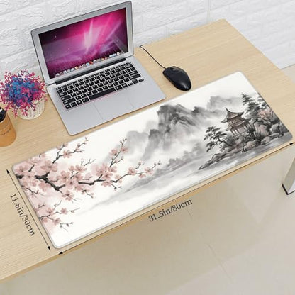 Japanese Ink Wash Landscape Extended Gaming Mouse Pad, Large Cherry Blossom Desk Mat (31.5 x 11.8 in), Non-Slip Rubber Base, Stitched Edges for Office & Gaming - color: 29