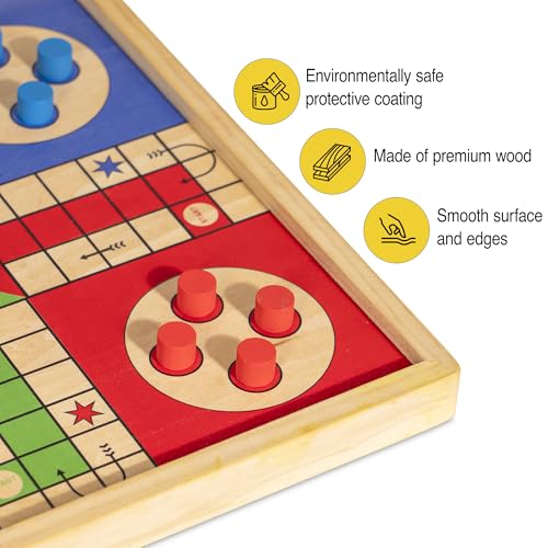 12 Inch Wooden Ludo Board Game & Snakes and Ladders 2-in-1 Reversible Classic Board Game for Kids and Adults, Includes 1 Parcheesi Board, 2 Dice, 1 Cup, 16 Tokens, Rules, Pouch & Carrying Bag
