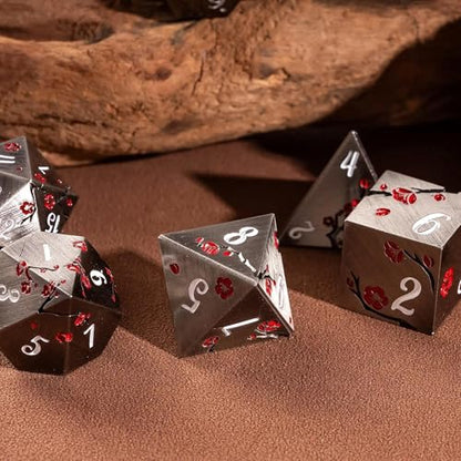 UDIXI Metal DND Dice Set Nickel, 7PCS Metal Polyhedral Dice Set for D&D RPG | Red Flower, Metal Case Packaging, Heavy Metal Dice, D&D Gift, for Dungeons and Dragons Role Playing Games Tabletop Games - color: Flower/Nicklewhite