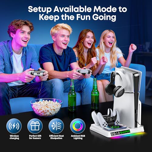 PS5/Slim/Pro Cooling Station with Wireless Charging & Dual Controller Dock | Wireless Phone Charger, 2.5H Fast Charging Base for DualSense & Edge Controller, 3‑Speed Fan, 9-color RGB PS5 Vertical Stand